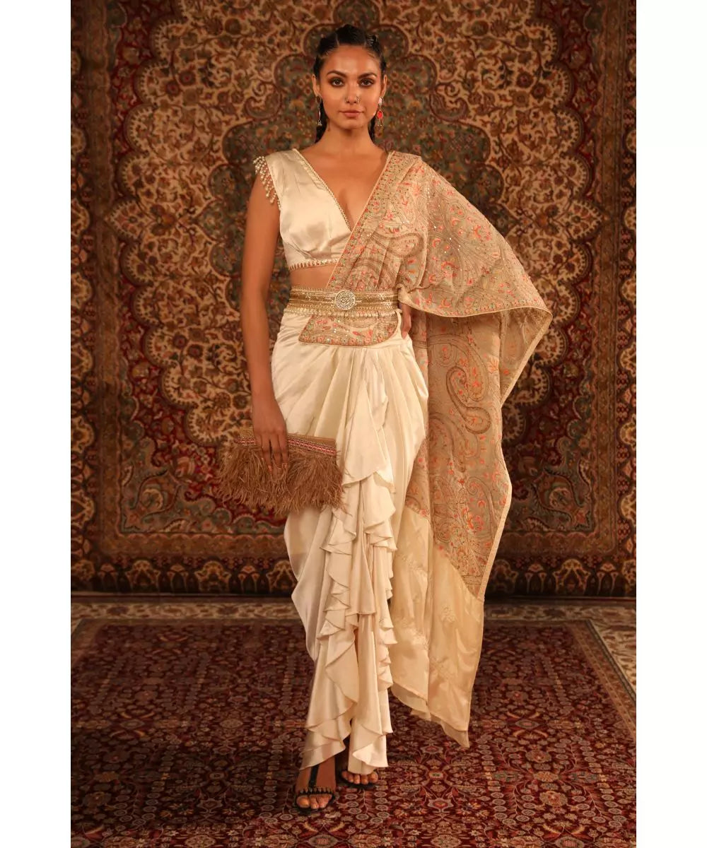 ADITI GUPTA - White Jamawaar Draped Saree and Blouse